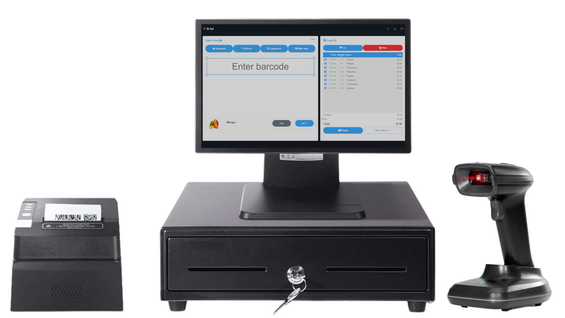 Complete POS hardware bundle with scanner, printer, and cash drawer